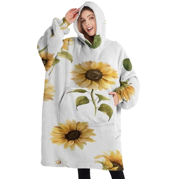 Oversized Wearable Blanket Hoodie,White Daisy Green Leaf Sunflower Pattern Sherpa Blanket Hoodie with Super Pockets,Super Warm Fuzzy Pullover for Women & Men