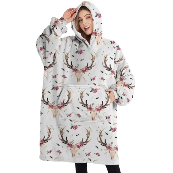 Oversized Wearable Blanket Hoodie,White Deer Antler Flower Pattern Sherpa Blanket Hoodie with Super Pockets,Super Warm Fuzzy Pullover for Women & Men