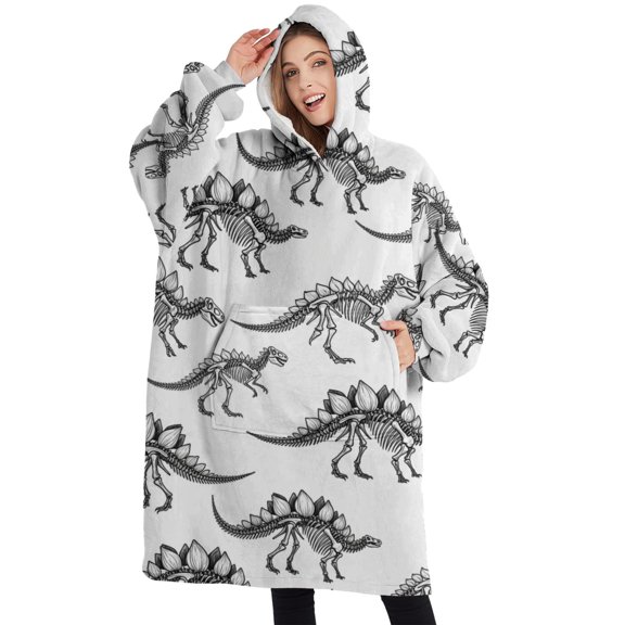 Oversized Wearable Blanket Hoodie,White Dinosaurs Skeletons Pattern Sherpa Blanket Hoodie with Super Pockets,Super Warm Fuzzy Pullover for Women & Men