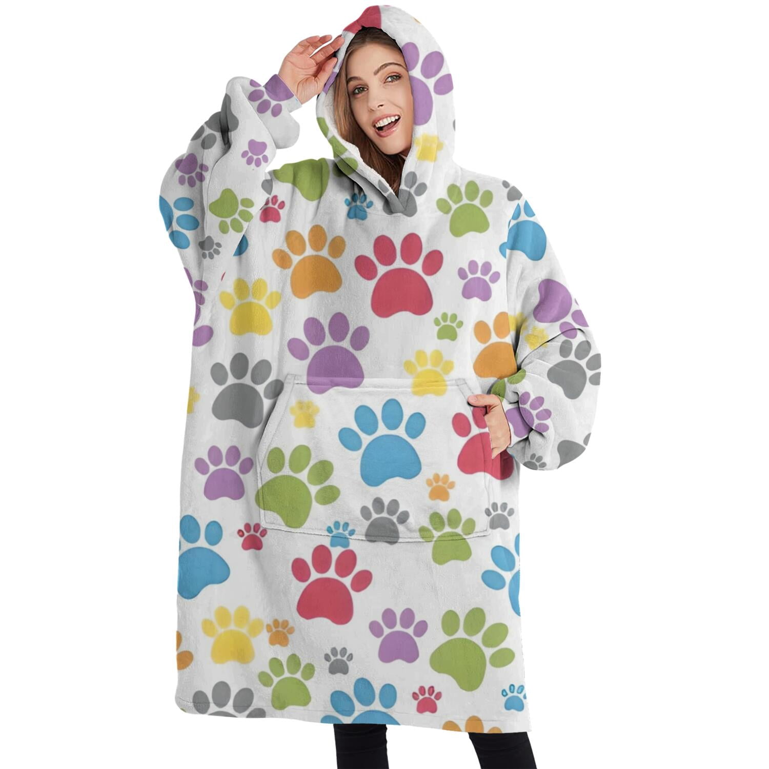 Oversized Wearable Blanket Hoodie,White Dog Paw Footprint Sherpa Blanket Hoodie with Super Pockets,Super Warm Fuzzy Pullover for Women & Men