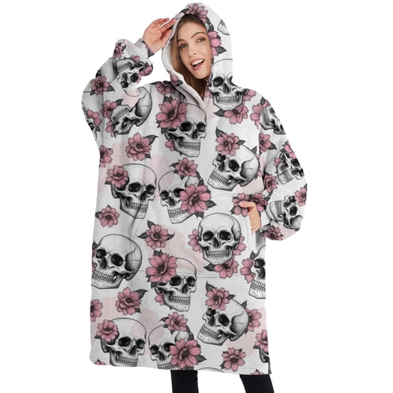 Oversized Wearable Blanket Hoodie,White Floral Skull Pattern Sherpa Blanket Hoodie with Super Pockets,Super Warm Fuzzy Pullover for Women & Men
