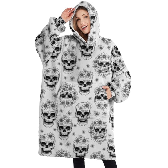 Oversized Wearable Blanket Hoodie,White Floral Skull Pattern Sherpa Blanket Hoodie with Super Pockets,Super Warm Fuzzy Pullover for Women & Men