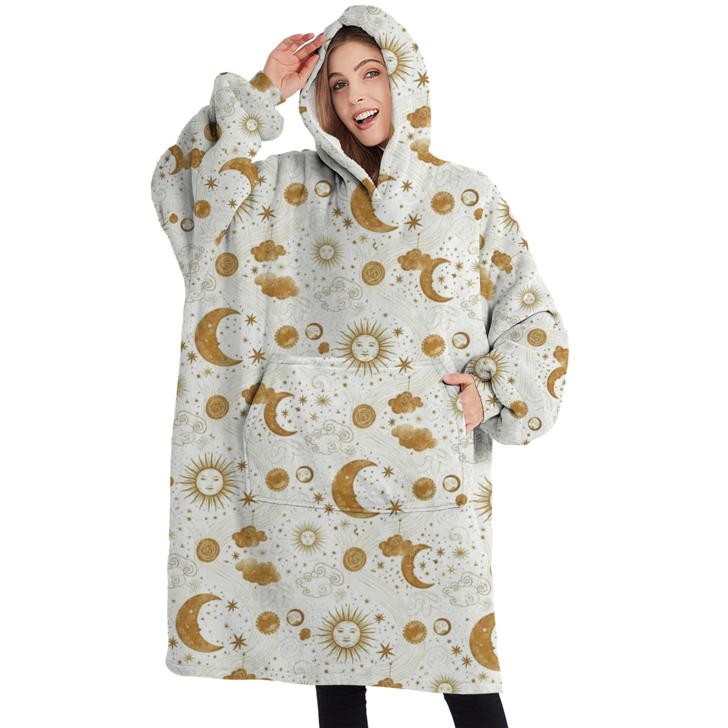Oversized Wearable Blanket Hoodie,White Gold Sun Moon Cloud Pattern Sherpa Blanket Hoodie with Super Pockets,Super Warm Fuzzy Pullover for Women & Men