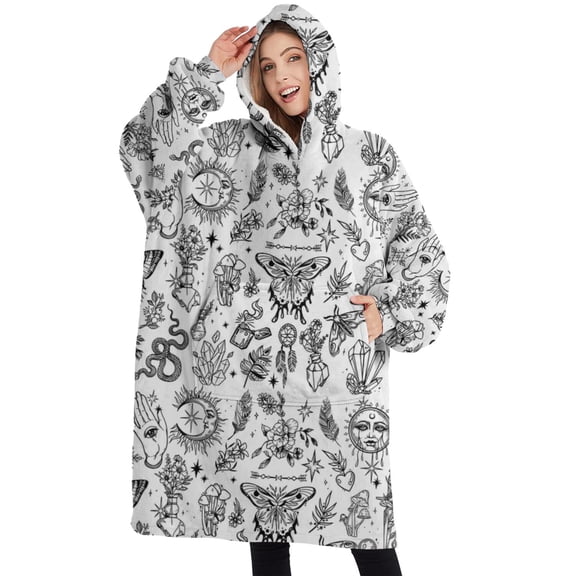 Oversized Wearable Blanket Hoodie,White Gothic Hand Butterfly Pattern Sherpa Blanket Hoodie with Super Pockets,Super Warm Fuzzy Pullover for Women & Men