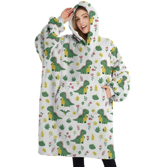Oversized Wearable Blanket Hoodie,White Green Dinosaurs Floral Pattern Sherpa Blanket Hoodie with Super Pockets,Super Warm Fuzzy Pullover for Women & Men