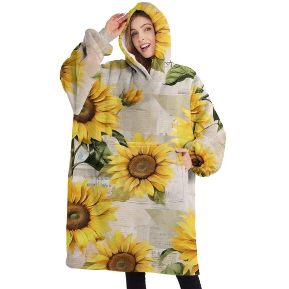Oversized Wearable Blanket Hoodie,White Green Leaf Butterfly Newspaper Sunflower Pattern Sherpa Blanket Hoodie with Super Pockets,Super Warm Fuzzy Pullover for Women & Men