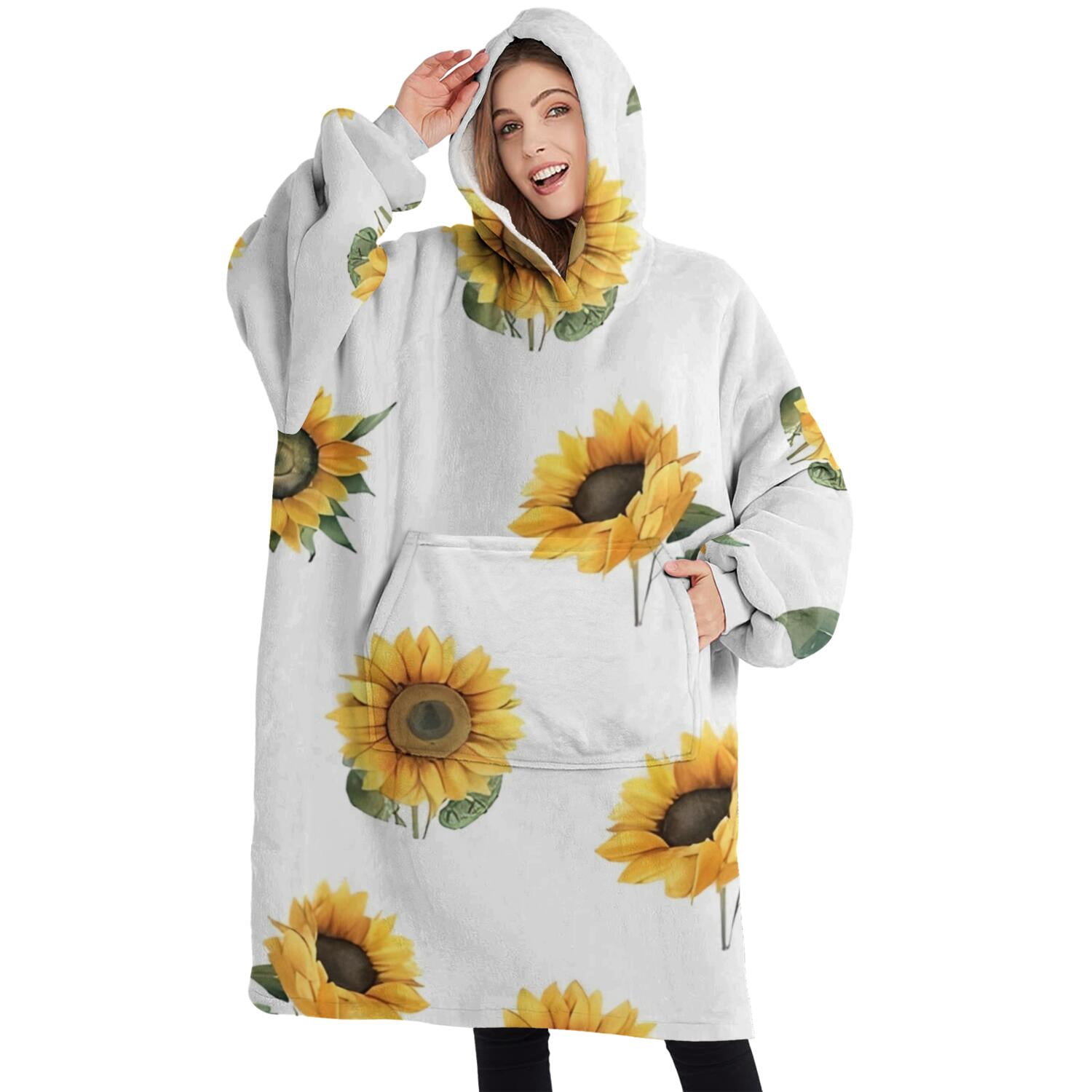 Oversized Wearable Blanket Hoodie,White Green Leaf Sunflower Pattern Sherpa Blanket Hoodie with Super Pockets,Super Warm Fuzzy Pullover for Women & Men