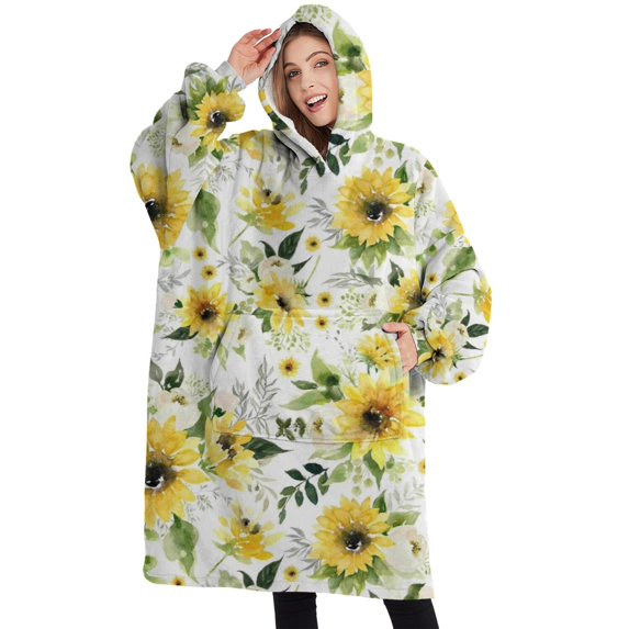 Oversized Wearable Blanket Hoodie,White Green Leaf Sunflower Pattern Sherpa Blanket Hoodie with Super Pockets,Super Warm Fuzzy Pullover for Women & Men