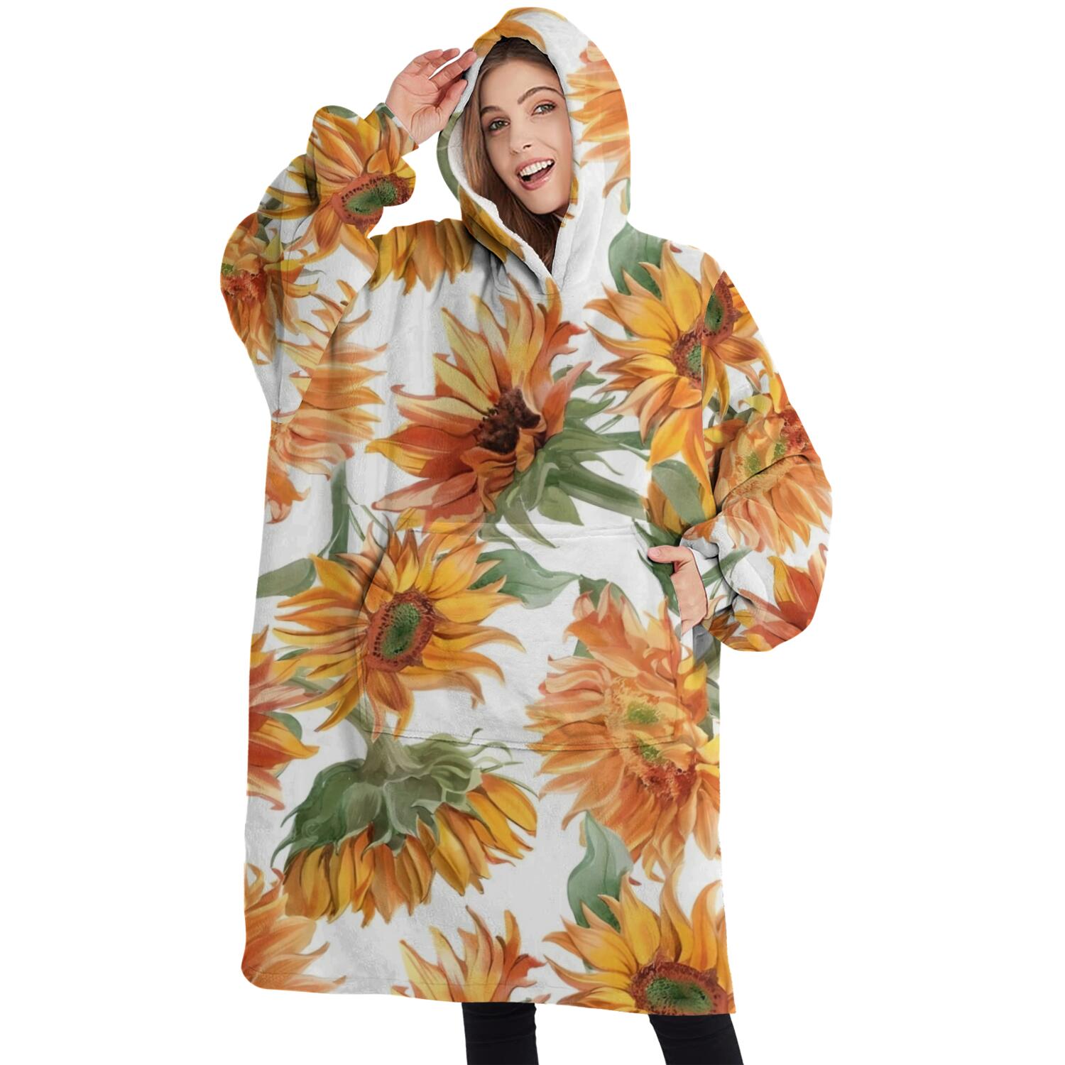 Oversized Wearable Blanket Hoodie,White Green Stem Sunflower Pattern Sherpa Blanket Hoodie with Super Pockets,Super Warm Fuzzy Pullover for Women & Men