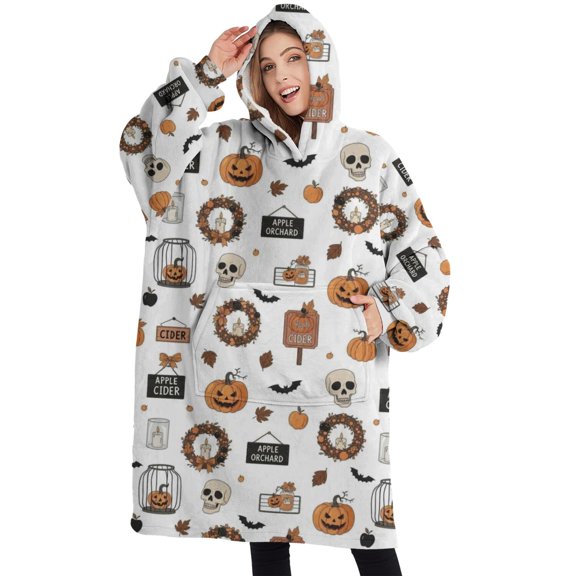 Oversized Wearable Blanket Hoodie,White Halloween Pumpkin Skull Bat Pattern Sherpa Blanket Hoodie with Super Pockets,Super Warm Fuzzy Pullover for Women & Men
