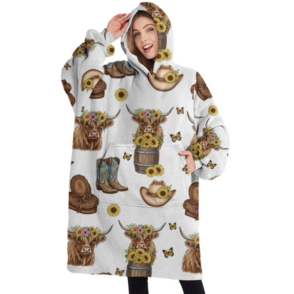 Oversized Wearable Blanket Hoodie,White Highland Cow Flower Barrel Pattern Sherpa Blanket Hoodie with Super Pockets,Super Warm Fuzzy Pullover for Women & Men