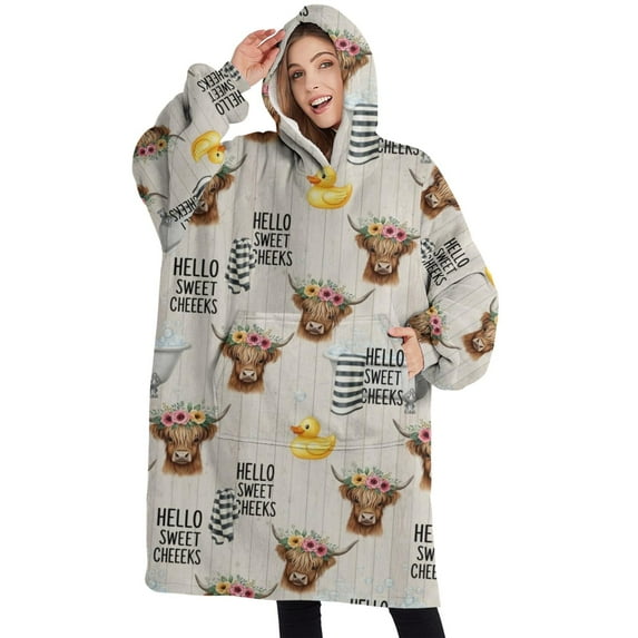 Oversized Wearable Blanket Hoodie,White Highland Cow Flower Bathtub Pattern Sherpa Blanket Hoodie with Super Pockets,Super Warm Fuzzy Pullover for Women & Men