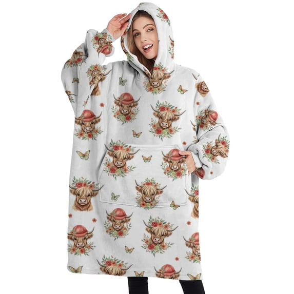 Oversized Wearable Blanket Hoodie,White Highland Cow Flower Butterfly Pattern Sherpa Blanket Hoodie with Super Pockets,Super Warm Fuzzy Pullover for Women & Men