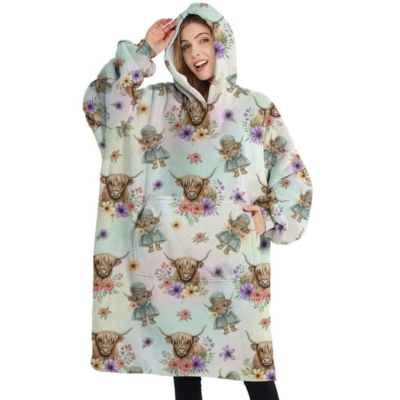 Oversized Wearable Blanket Hoodie,White Highland Cow Flower Dress Pattern Sherpa Blanket Hoodie with Super Pockets,Super Warm Fuzzy Pullover for Women & Men