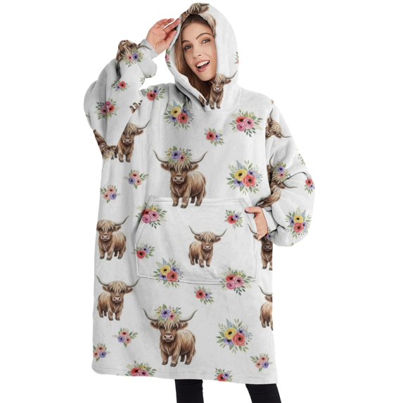 Oversized Wearable Blanket Hoodie,White Highland Cow Flower Pattern Sherpa Blanket Hoodie with Super Pockets,Super Warm Fuzzy Pullover for Women & Men
