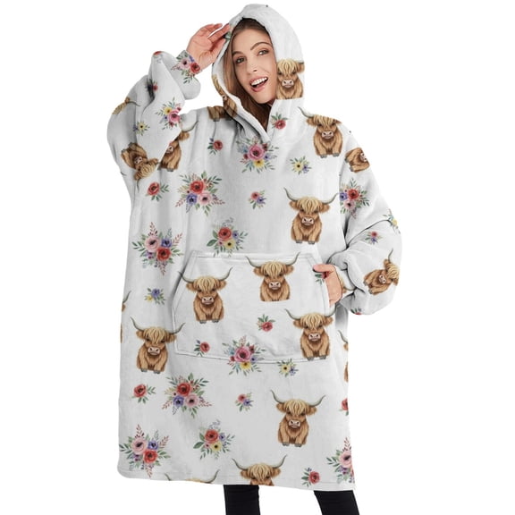 Oversized Wearable Blanket Hoodie,White Highland Cow Flower Pattern Sherpa Blanket Hoodie with Super Pockets,Super Warm Fuzzy Pullover for Women & Men