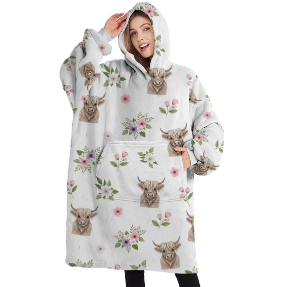 Oversized Wearable Blanket Hoodie,White Highland Cow Flower Pattern Sherpa Blanket Hoodie with Super Pockets,Super Warm Fuzzy Pullover for Women & Men