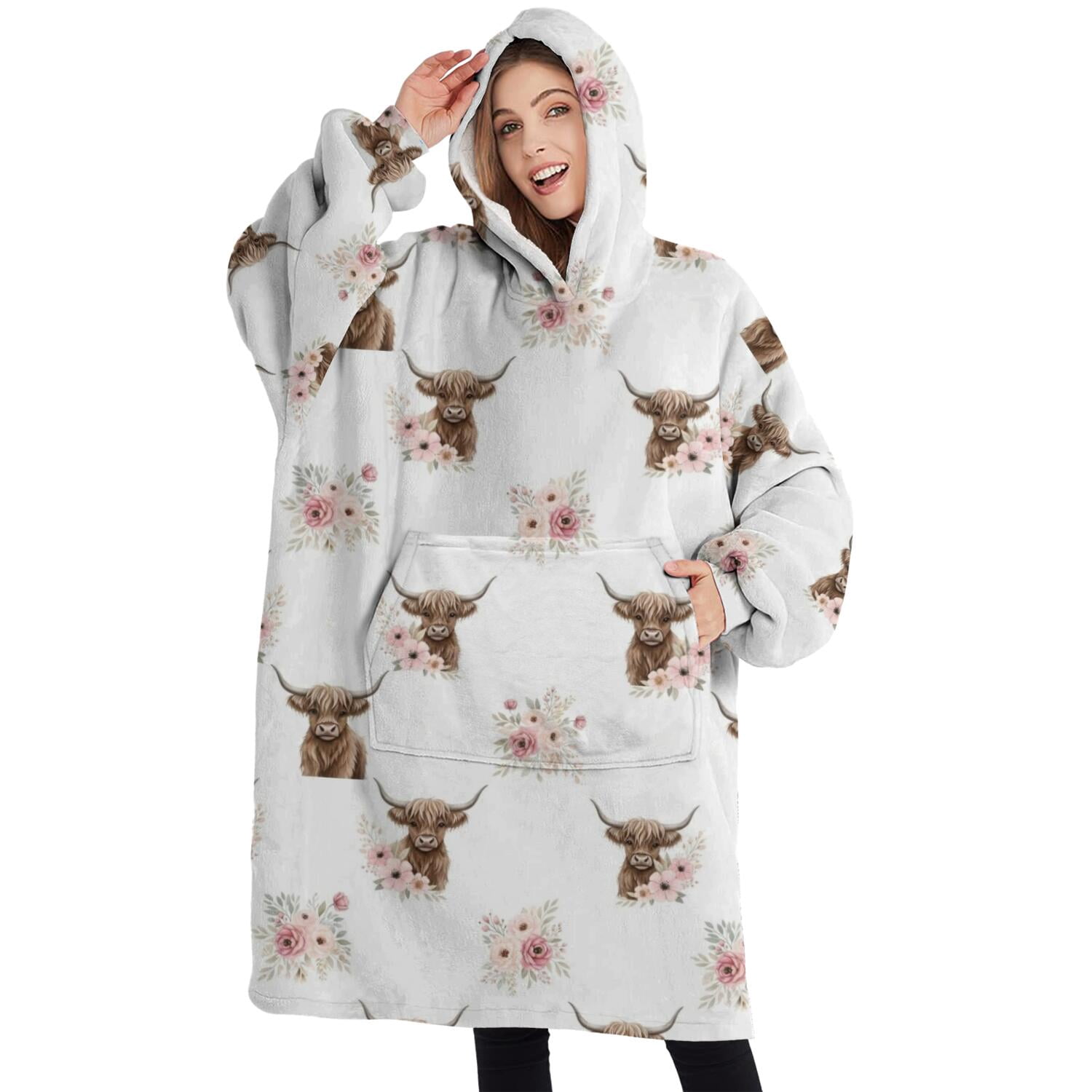 Oversized Wearable Blanket Hoodie,White Highland Cow Flower Pattern Sherpa Blanket Hoodie with Super Pockets,Super Warm Fuzzy Pullover for Women & Men