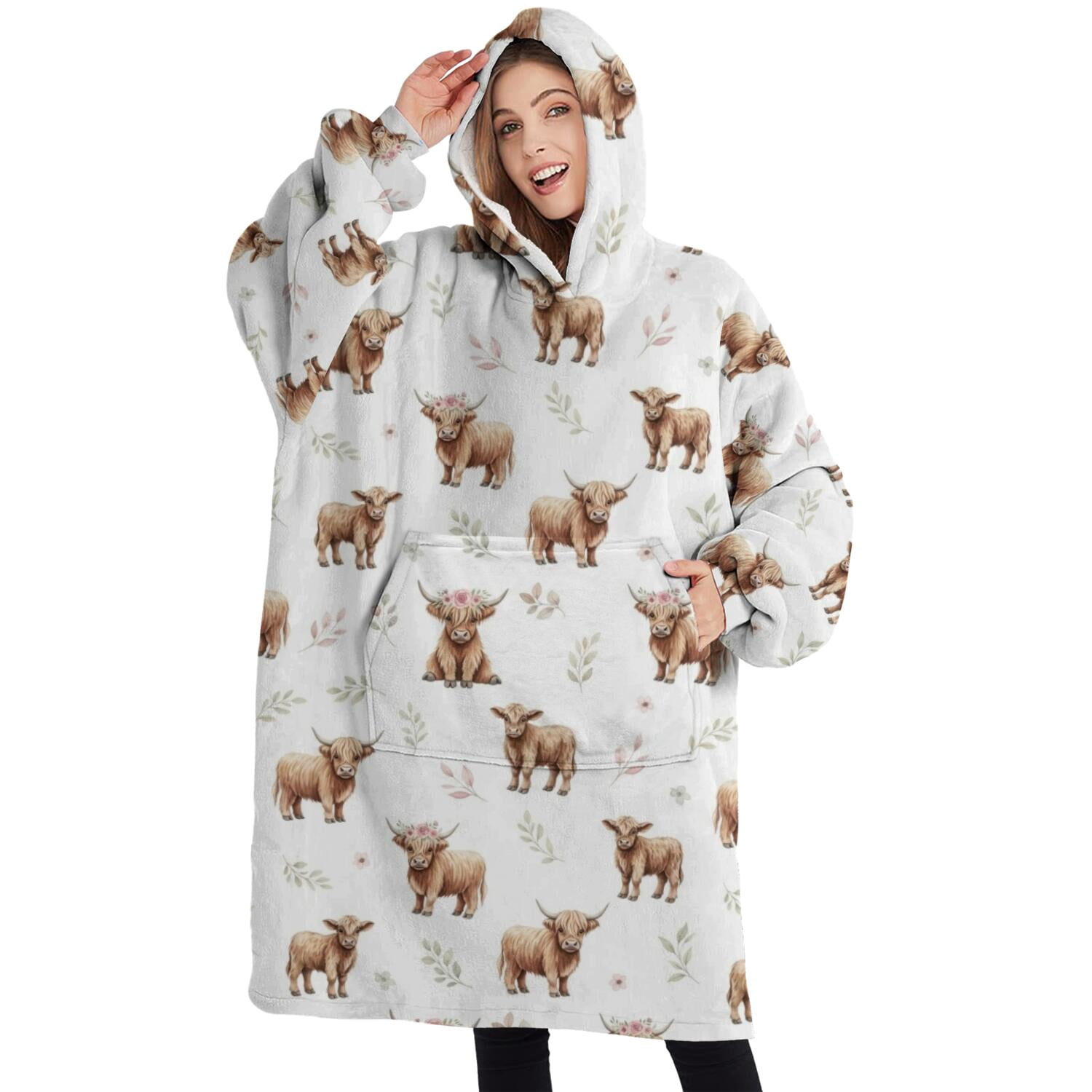 Oversized Wearable Blanket Hoodie,White Highland Cow Flower Pattern Sherpa Blanket Hoodie with Super Pockets,Super Warm Fuzzy Pullover for Women & Men