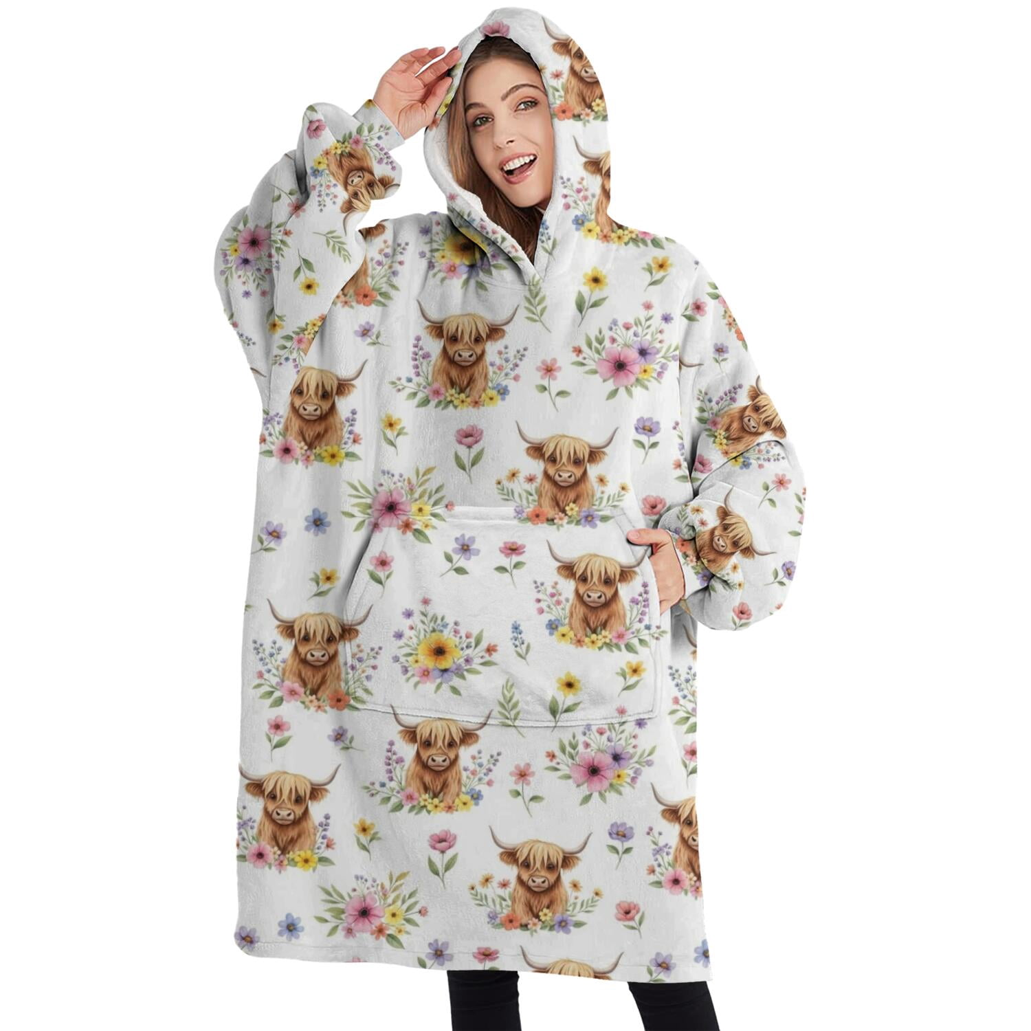 Oversized Wearable Blanket Hoodie,White Highland Cow Flower Pattern Sherpa Blanket Hoodie with Super Pockets,Super Warm Fuzzy Pullover for Women & Men