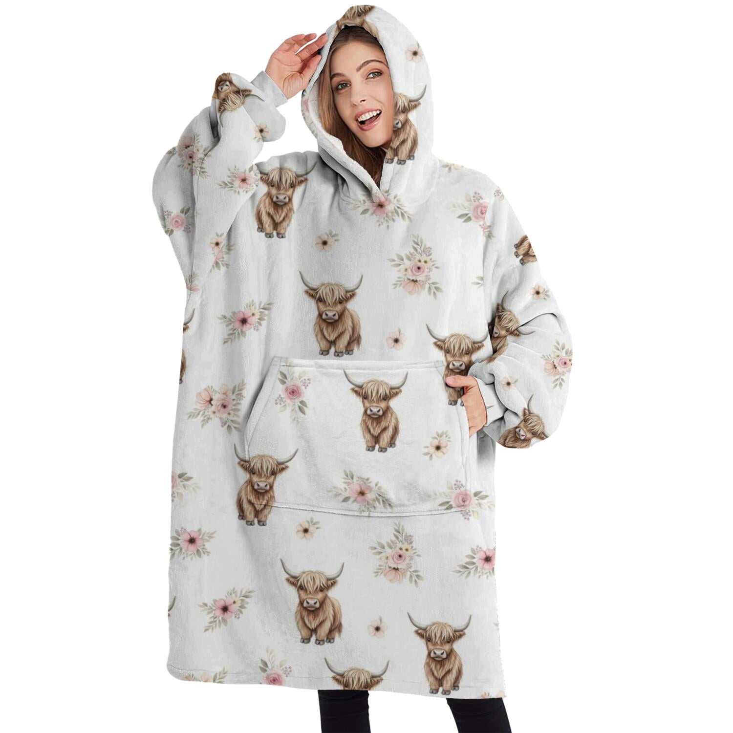 Oversized Wearable Blanket Hoodie,White Highland Cow Flower Pattern Sherpa Blanket Hoodie with Super Pockets,Super Warm Fuzzy Pullover for Women & Men