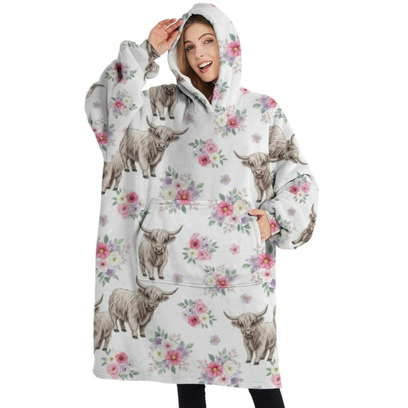Oversized Wearable Blanket Hoodie,White Highland Cow Flower Pattern Sherpa Blanket Hoodie with Super Pockets,Super Warm Fuzzy Pullover for Women & Men