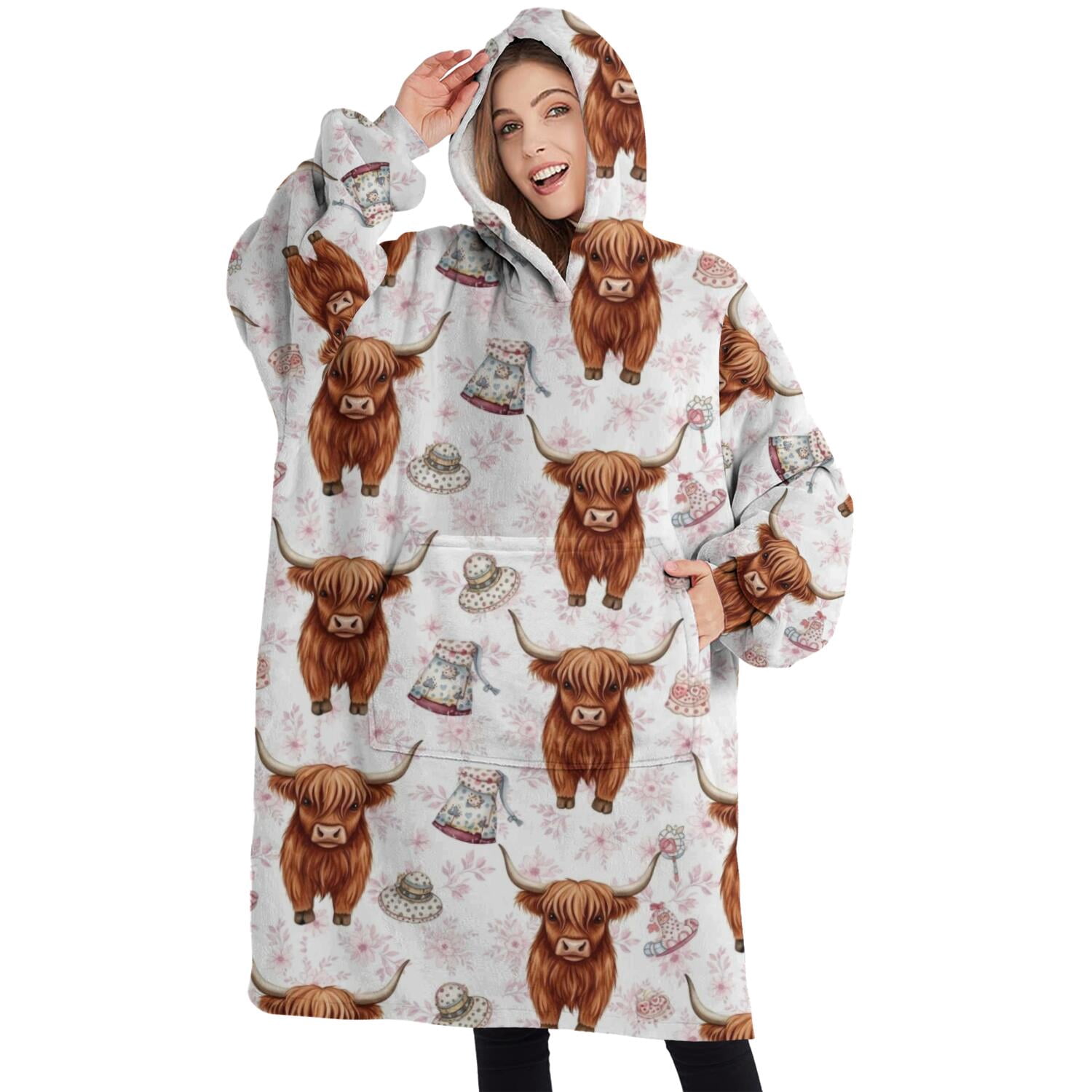 Oversized Wearable Blanket Hoodie,White Highland Cow Hat Dress Pattern Sherpa Blanket Hoodie with Super Pockets,Super Warm Fuzzy Pullover for Women & Men