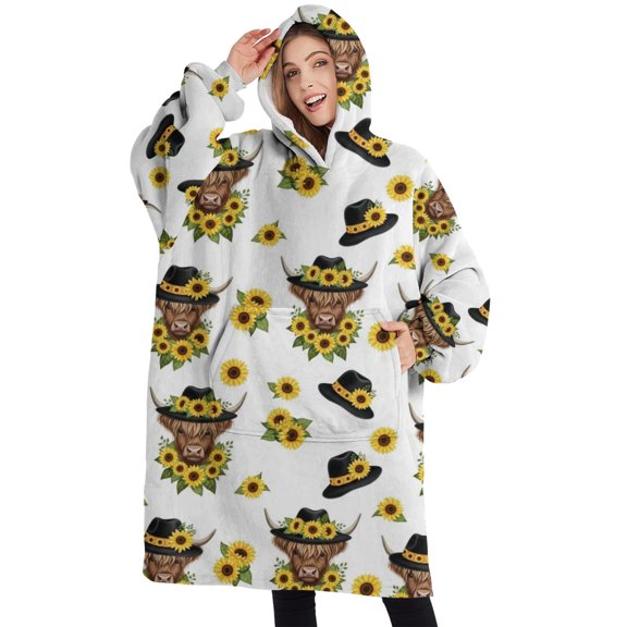 Oversized Wearable Blanket Hoodie,White Highland Cow Sunflower Hat Pattern Sherpa Blanket Hoodie with Super Pockets,Super Warm Fuzzy Pullover for Women & Men