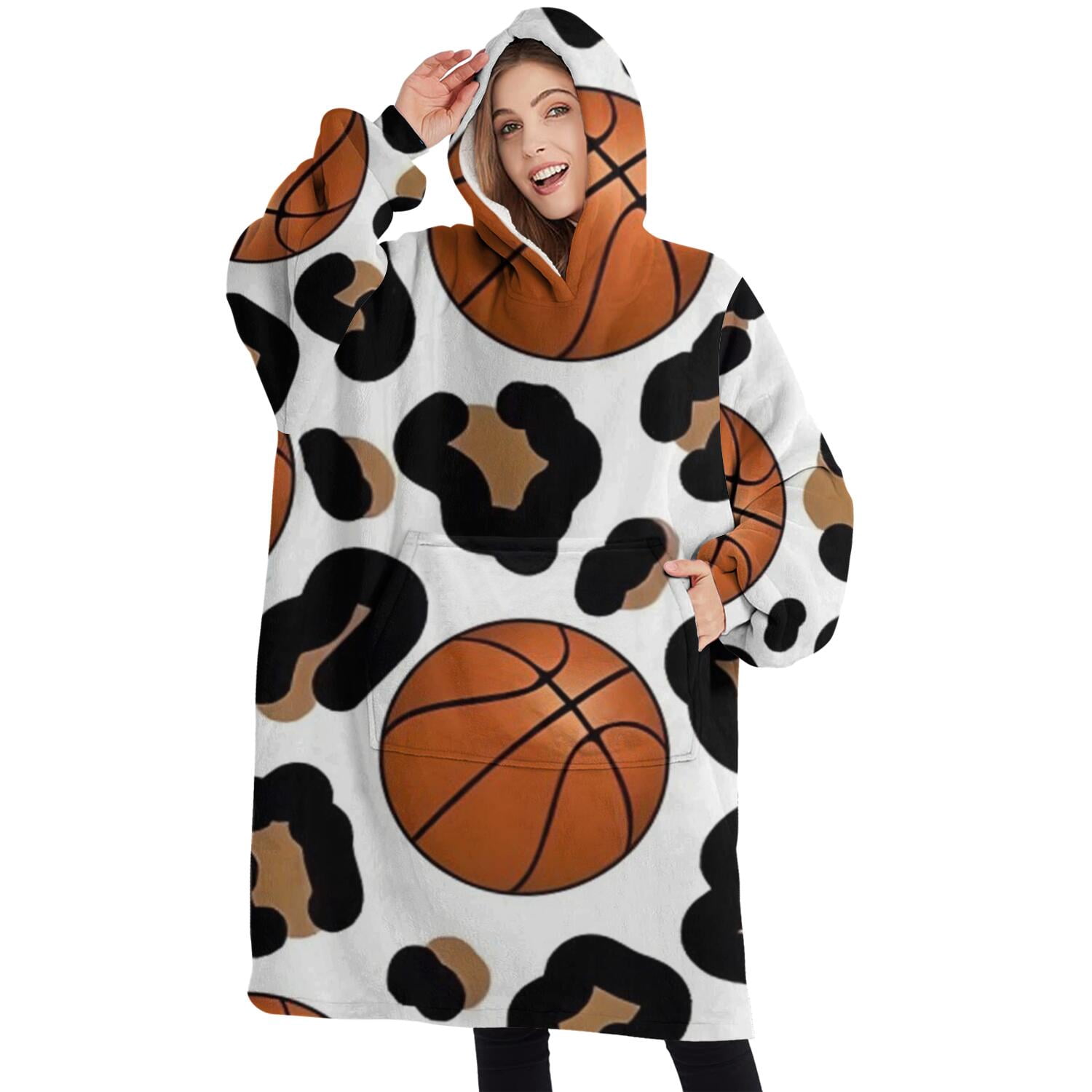 Oversized Wearable Blanket Hoodie,White Leopard Basketballs Pattern Sherpa Blanket Hoodie with Super Pockets,Super Warm Fuzzy Pullover for Women & Men