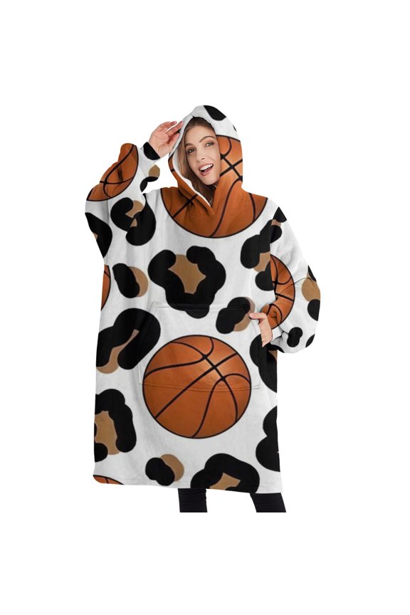 Oversized Wearable Blanket Hoodie,White Leopard Basketballs Pattern Sherpa Blanket Hoodie with Super Pockets,Super Warm Fuzzy Pullover for Women & Men