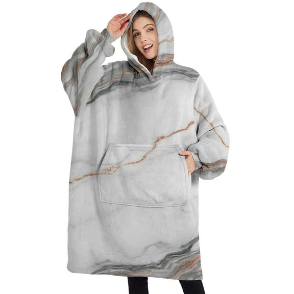 Oversized Wearable Blanket Hoodie,White Marble Copper Line Pattern Sherpa Blanket Hoodie with Super Pockets,Super Warm Fuzzy Pullover for Women & Men