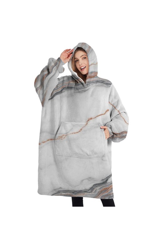 Oversized Wearable Blanket Hoodie,White Marble Copper Line Pattern Sherpa Blanket Hoodie with Super Pockets,Super Warm Fuzzy Pullover for Women & Men