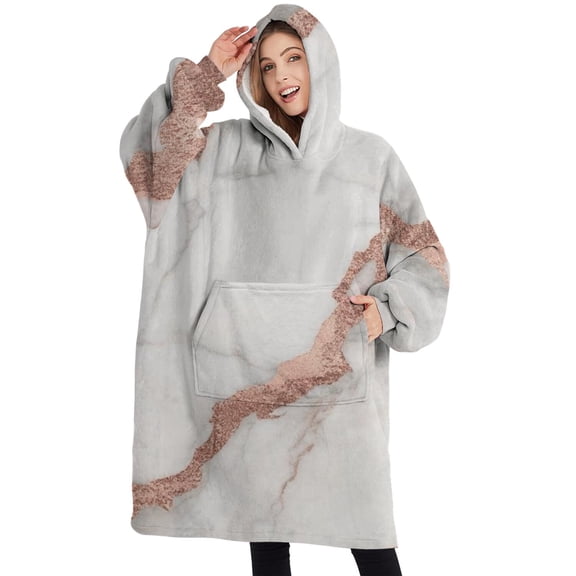 Oversized Wearable Blanket Hoodie,White Marble Rose Gold Line Pattern Sherpa Blanket Hoodie with Super Pockets,Super Warm Fuzzy Pullover for Women & Men