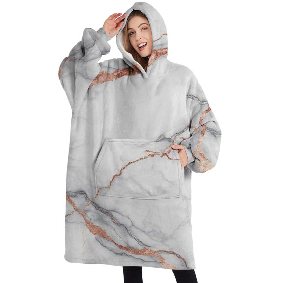 Oversized Wearable Blanket Hoodie,White Marble Rose Gold Line Pattern Sherpa Blanket Hoodie with Super Pockets,Super Warm Fuzzy Pullover for Women & Men