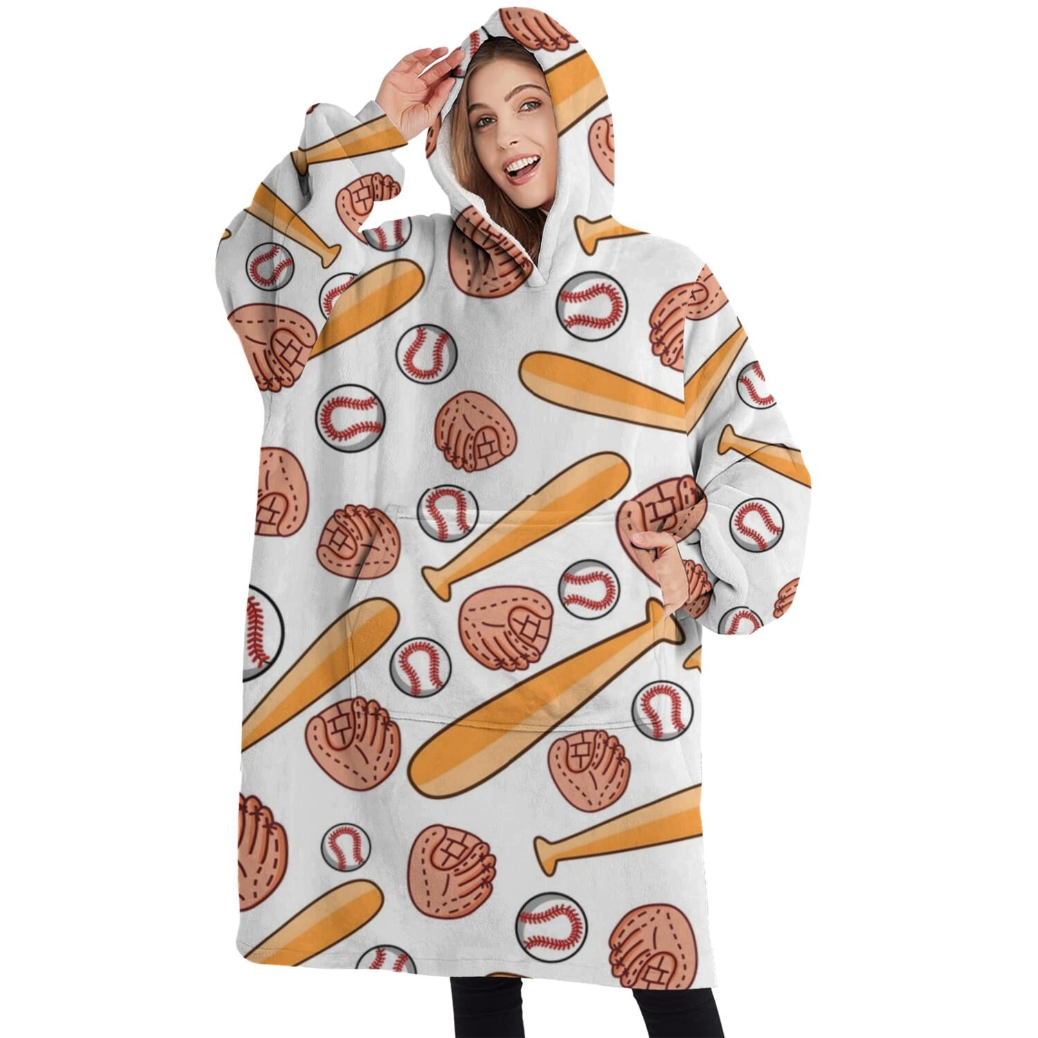 Oversized Wearable Blanket Hoodie,White Orange Baseball Gear Pattern Sherpa Blanket Hoodie with Super Pockets,Super Warm Fuzzy Pullover for Women & Men