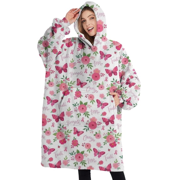 Oversized Wearable Blanket Hoodie,White Pink Butterfly Flower Pattern Sherpa Blanket Hoodie with Super Pockets,Super Warm Fuzzy Pullover for Women & Men
