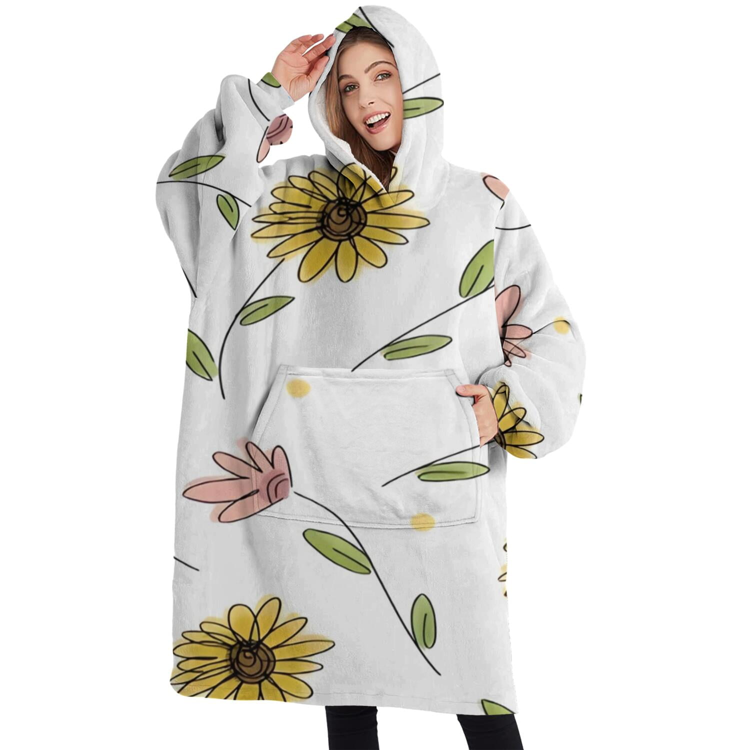 Oversized Wearable Blanket Hoodie,White Pink Flower Green Leaf Pattern Sherpa Blanket Hoodie with Super Pockets,Super Warm Fuzzy Pullover for Women & Men