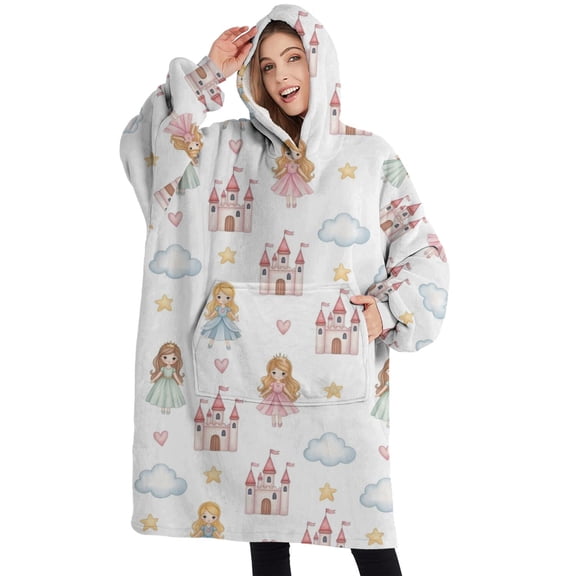 Oversized Wearable Blanket Hoodie,White Princess Castle Pattern Sherpa Blanket Hoodie with Super Pockets,Super Warm Fuzzy Pullover for Women & Men