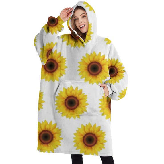 Oversized Wearable Blanket Hoodie,White Regular Sunflower Pattern Sherpa Blanket Hoodie with Super Pockets,Super Warm Fuzzy Pullover for Women & Men
