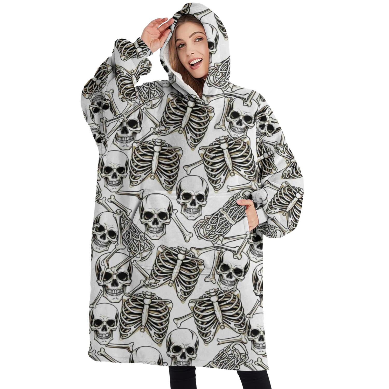 Oversized Wearable Blanket Hoodie,White Skull Bone Pattern Sherpa Blanket Hoodie with Super Pockets,Super Warm Fuzzy Pullover for Women & Men