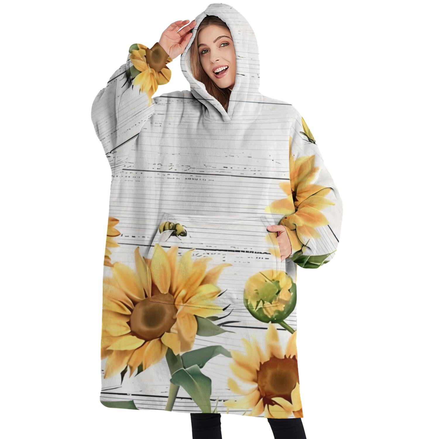 Oversized Wearable Blanket Hoodie,White Sunflower Bee Butterfly Pattern Sherpa Blanket Hoodie with Super Pockets,Super Warm Fuzzy Pullover for Women & Men