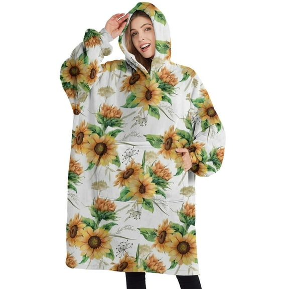 Oversized Wearable Blanket Hoodie,White Sunflower Bouquet Pattern Sherpa Blanket Hoodie with Super Pockets,Super Warm Fuzzy Pullover for Women & Men