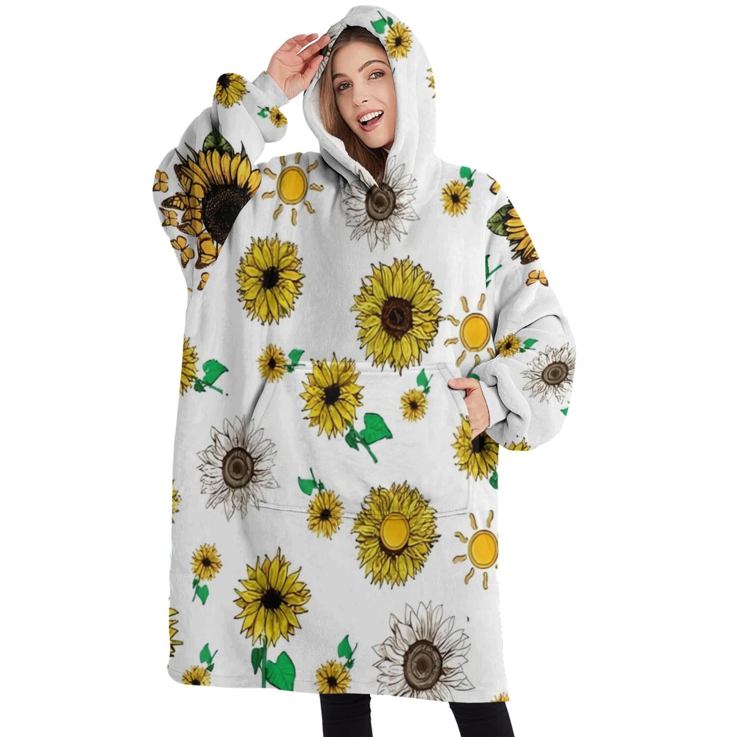 Oversized Wearable Blanket Hoodie,White Sunflower Butterfly Sun Pattern Sherpa Blanket Hoodie with Super Pockets,Super Warm Fuzzy Pullover for Women & Men