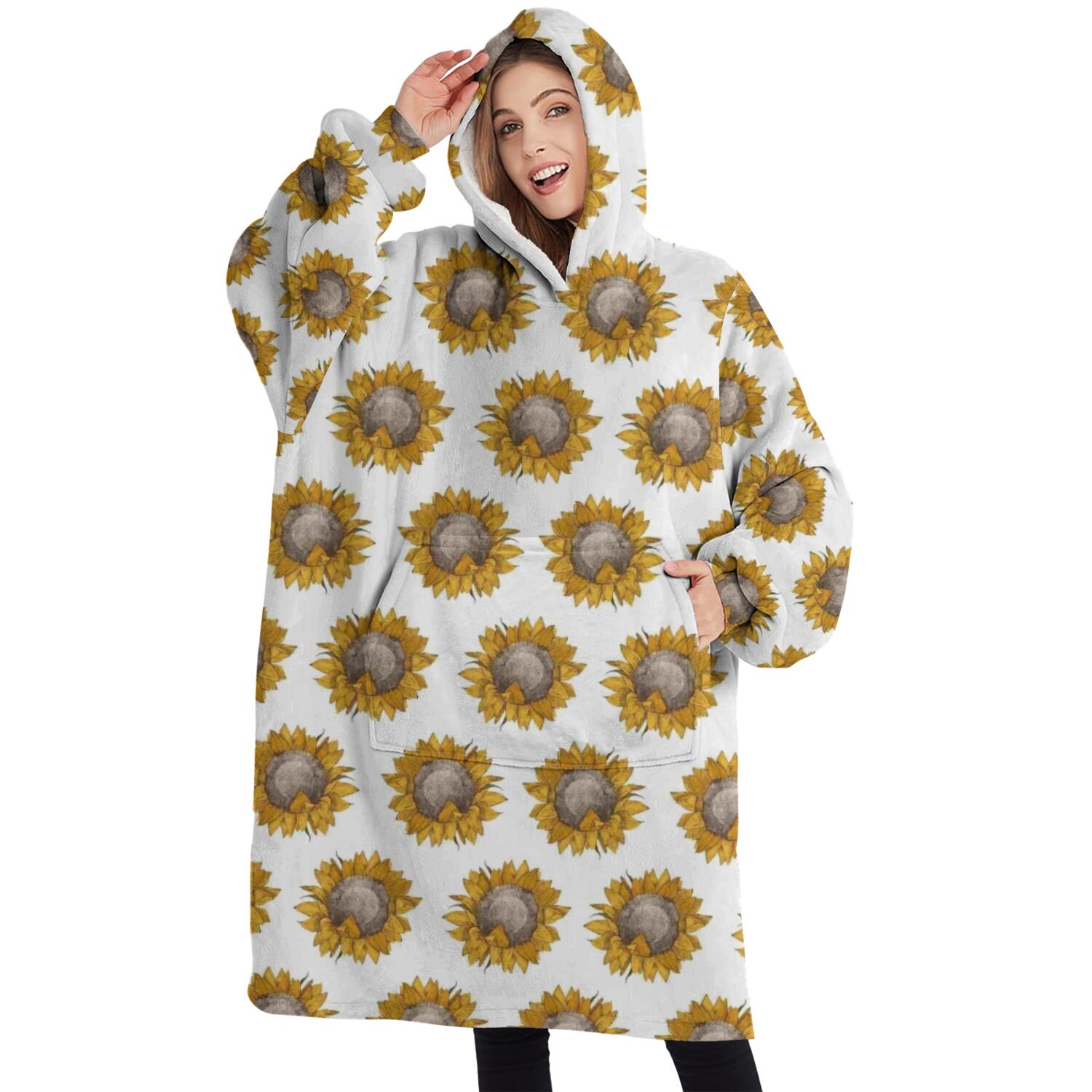 Oversized Wearable Blanket Hoodie,White Sunflower Pattern Sherpa Blanket Hoodie with Super Pockets,Super Warm Fuzzy Pullover for Women & Men