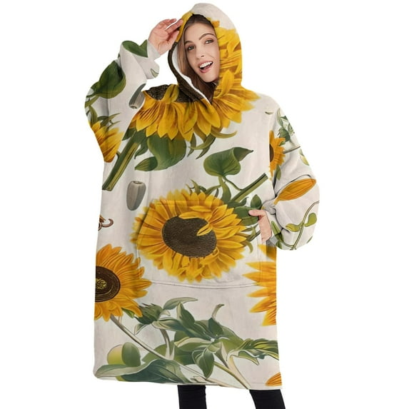 Oversized Wearable Blanket Hoodie,White Sunflower Seed Leaf Pattern Sherpa Blanket Hoodie with Super Pockets,Super Warm Fuzzy Pullover for Women & Men