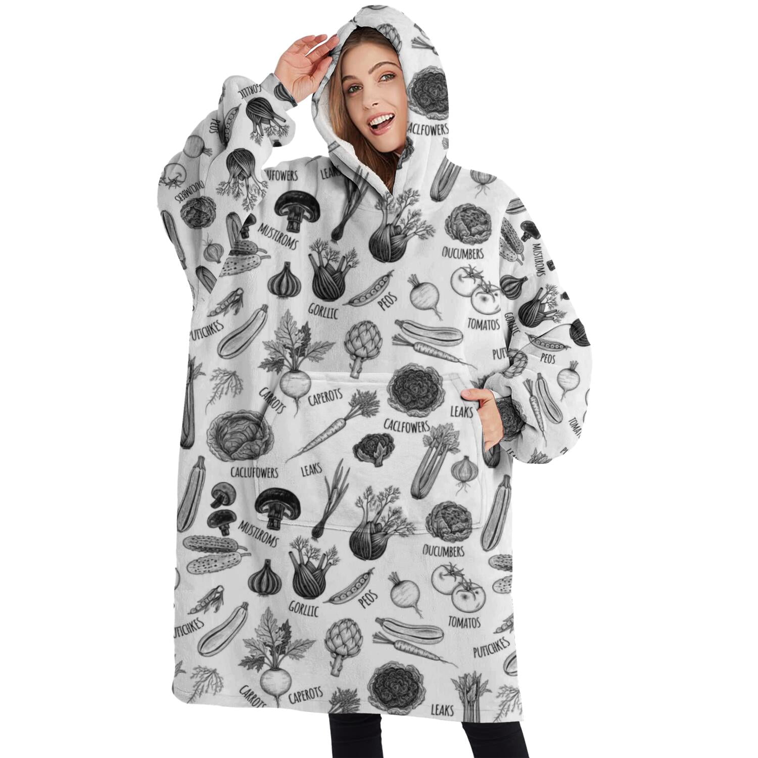 Oversized Wearable Blanket Hoodie,White Vegetable Pattern Sherpa Blanket Hoodie with Super Pockets,Super Warm Fuzzy Pullover for Women & Men