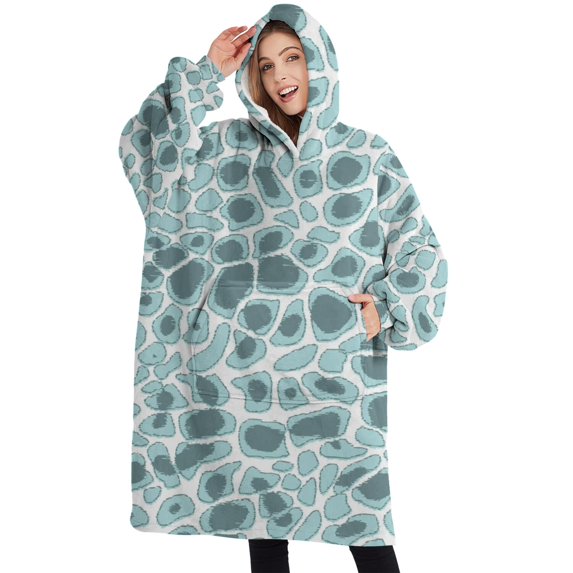 Oversized Wearable Blanket Hoodie,White and Blue Of Animal Print Sherpa Blanket Hoodie with Super Pockets,Super Warm Fuzzy Pullover for Women & Men