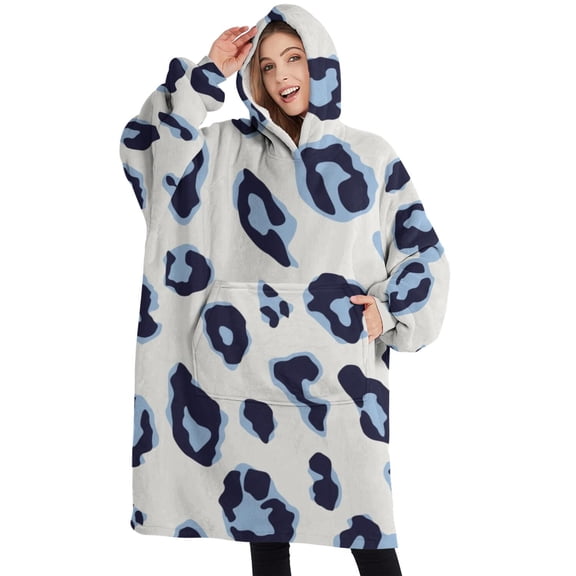 Oversized Wearable Blanket Hoodie,White and Blue Of Leopard Print Sherpa Blanket Hoodie with Super Pockets,Super Warm Fuzzy Pullover for Women & Men