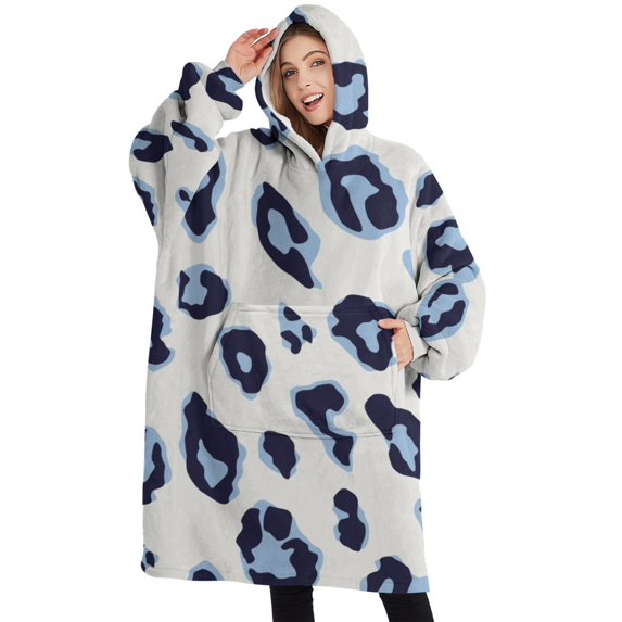 Oversized Wearable Blanket Hoodie,White and Blue Of Leopard Print Sherpa Blanket Hoodie with Super Pockets,Super Warm Fuzzy Pullover for Women & Men