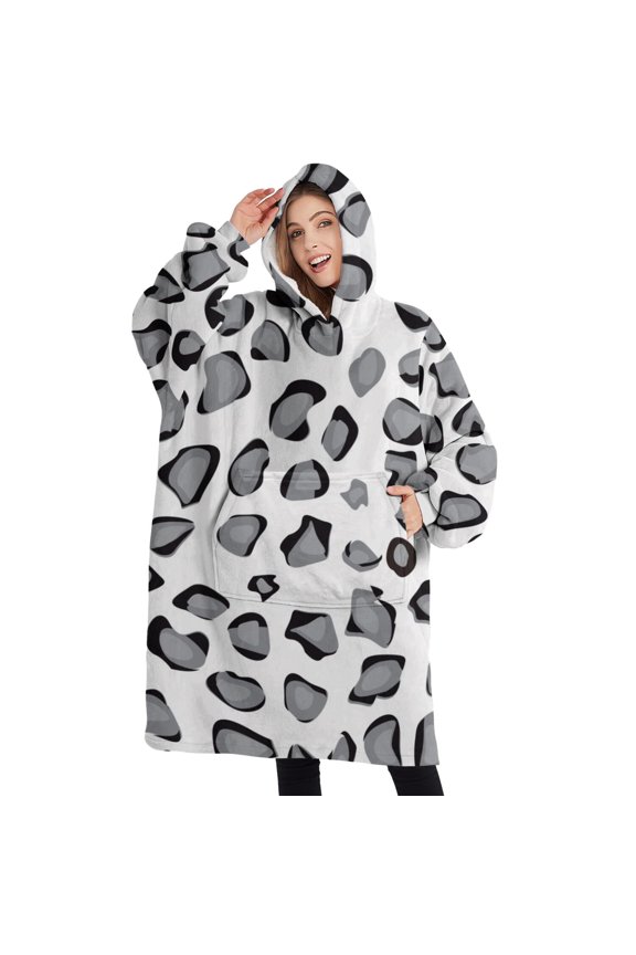 Oversized Wearable Blanket Hoodie,White and Gray Of Leopard Print Sherpa Blanket Hoodie with Super Pockets,Super Warm Fuzzy Pullover for Women & Men